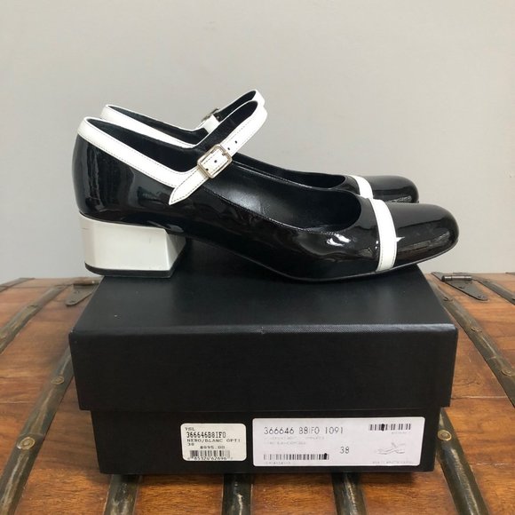Saint Laurent Black and White Mary Jane Patent Leather Shoes $895 - Picture 1 of 8